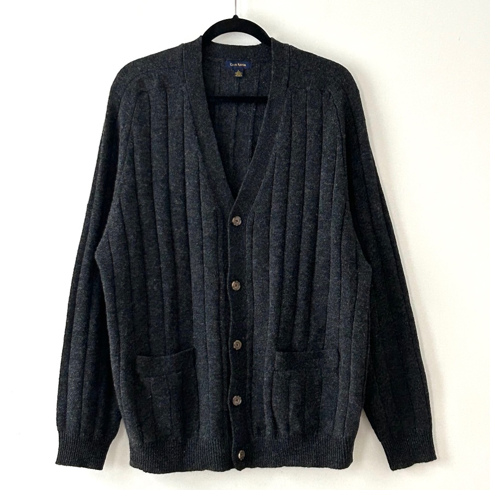 Club Room 100% Lambswool Charcoal Gray Ribbed Button Up Cardigan